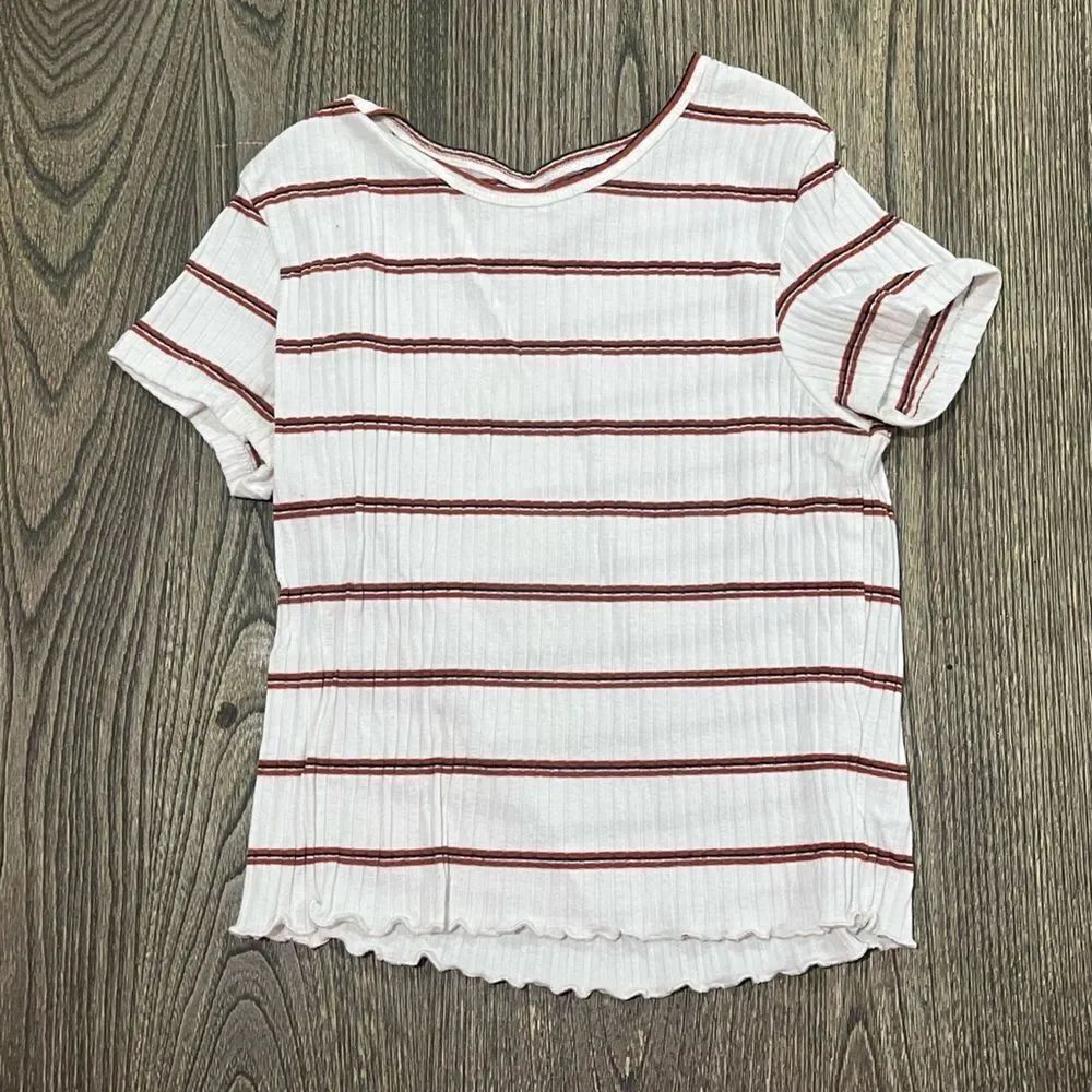 American Eagle Ribbed Blouse Striped Short Sleeves Round Neck White Red Size XS